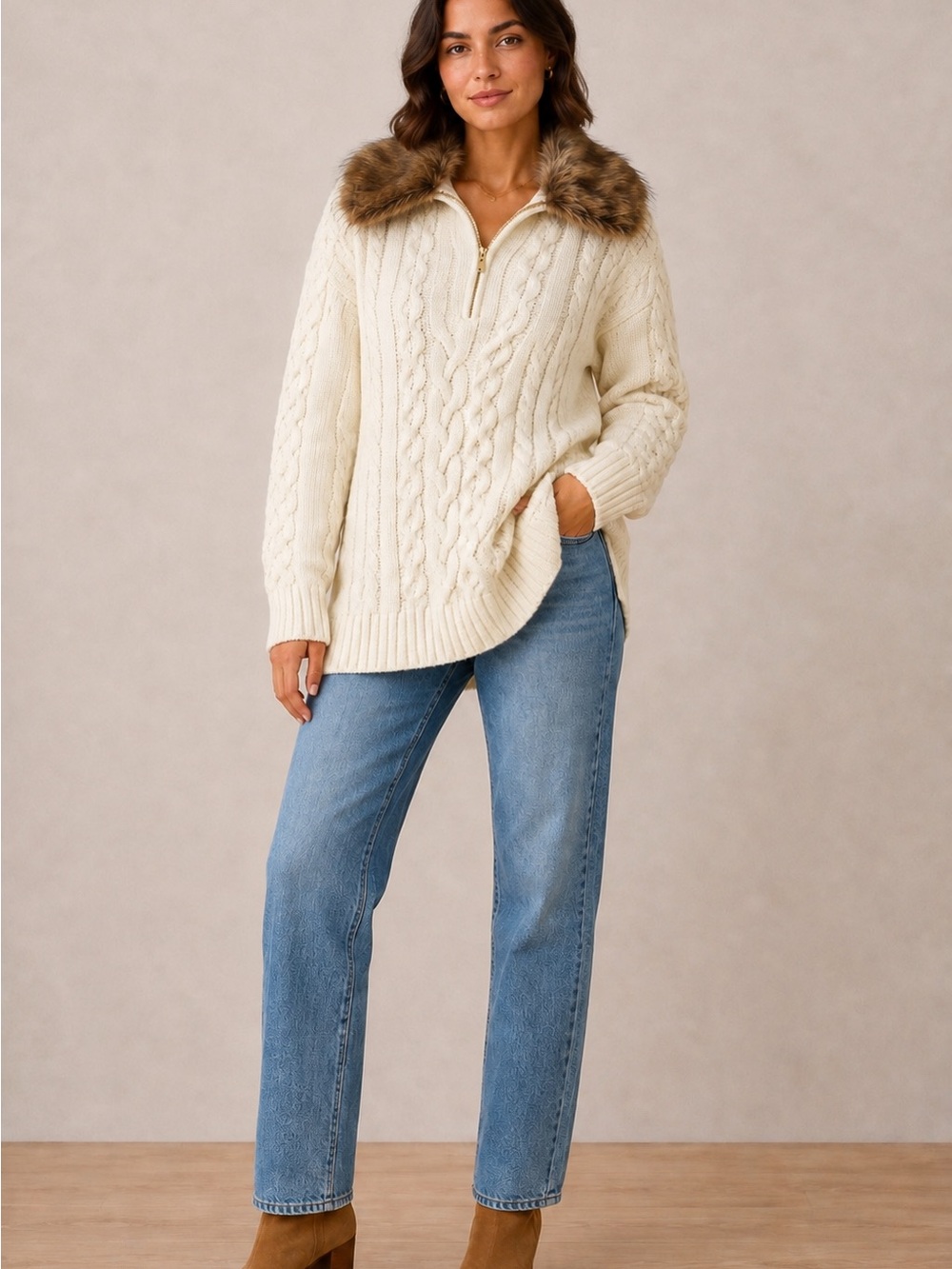 NWT Show Me Your Mumu Sun Valley Pullover S Cream Cable Knit Faux Fur